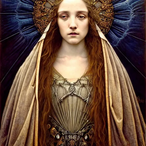 Image similar to detailed realistic beautiful young medieval queen face portrait by jean delville, tom bagshaw, brooke shaden, gustave dore and marco mazzoni, art nouveau, symbolist, visionary, gothic, pre - raphaelite, ornate gilded medieval icon, surreality, ethereal, unearthly, haunting, celestial, neo - gothic, ghostly, memento mori, otherworldly