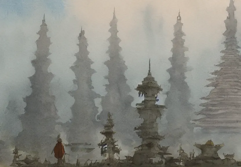 Image similar to a hyperrealist watercolor concept art from a studio ghibli film showing one giant grey aliens. a temple is under construction in the background in india on a misty and starry night. by studio ghibli. very dull muted colors