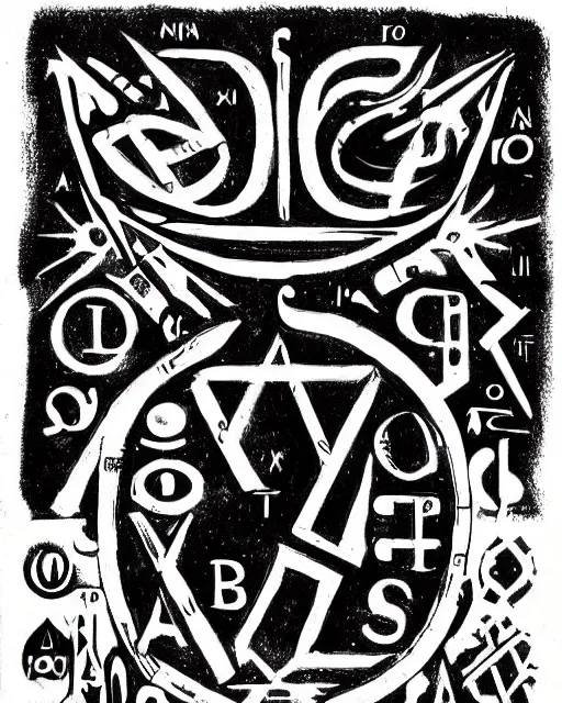 Prompt: alien alchemical alphabet with many symbols and even spaces between each one, stamped in black ink on off white paper, set type