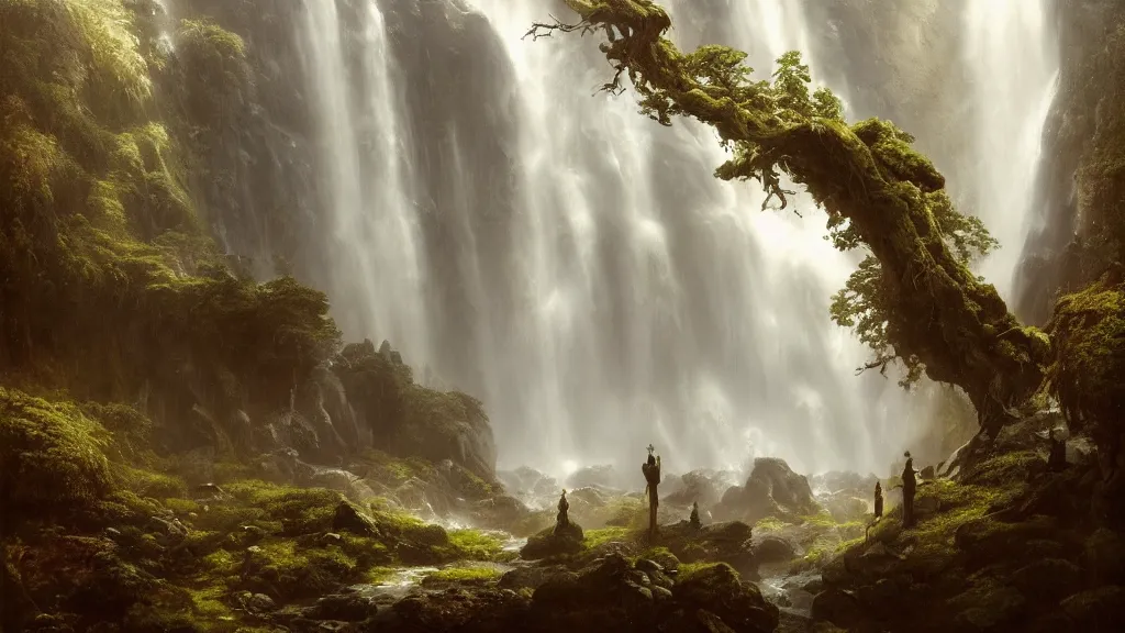 Image similar to the great elven tree above the alpine waterfall. andreas achenbach, artgerm, mikko lagerstedt, zack snyder, tokujin yoshioka