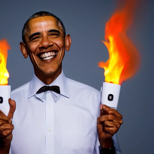 Prompt: Smiling Obama with white glowing flashlight eyes, white clean fire behind Obama, 40nm lens, shallow depth of field, split lighting, 4k, 40nm lens, shallow depth of field, split lighting, 4k,