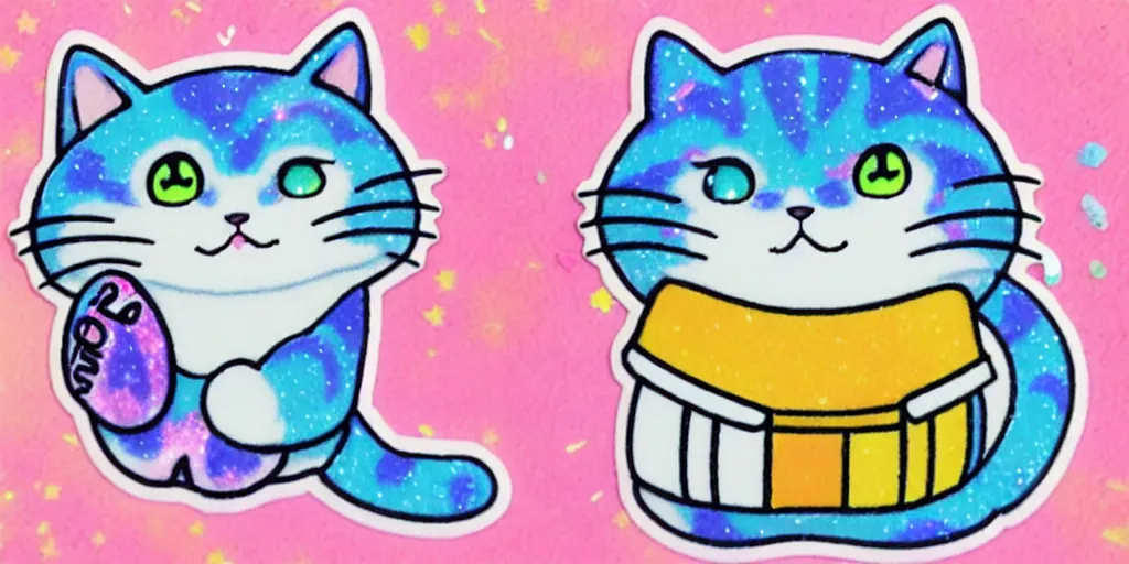 Image similar to a cat speaking, puffy sticker, glitter sticker by studio ghibli, by lisa frank 8 k pastel colours, isometric, smeared watercolours,