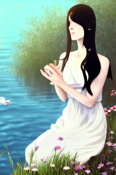 Prompt: mysterious girl with her long black hair dressed in a simple white dress swimming in a lake with flowers, anime art style, digital art by ilya kuvshinov, inspired by balthus, hd, 4 k, hyper detailed, side view