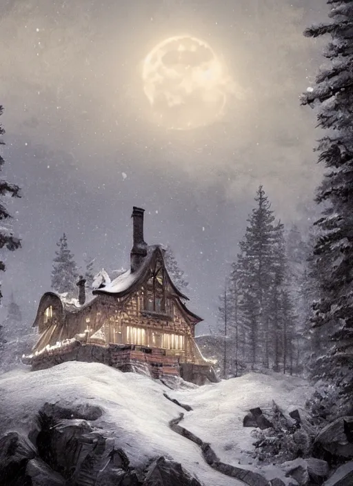 Image similar to a cabin castle on the top of a snowy mountain, crescent moon, greg rutkowski, 8 k, shallow depth of field, intricate detail, concept art,