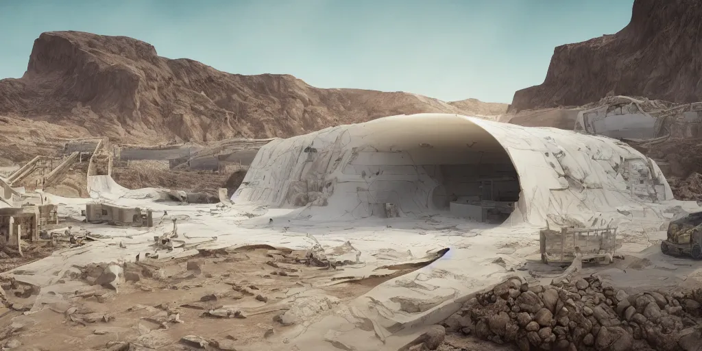 Prompt: perspective horizontal section, view render of a bioremediation white architecture in the mining tailing in the desert, smooth, rossdraws, norman rockwell, emiliano ponzi, epic composition, hd, octane, unreal engine, volumetric lighting, light rays, masterpiece, award - winning