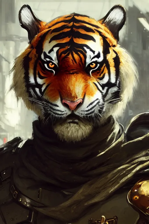 Prompt: portrait male anthro tiger dressed in military clothes character full body precis no blur, concept art, character sheet, nier automata, gaston bussiere, greg rutkowski, tsutomu nihei, cyberpunk, trending on artstation, featured on pixiv, hyper detail, cinematic composition, 8 k, detailed face