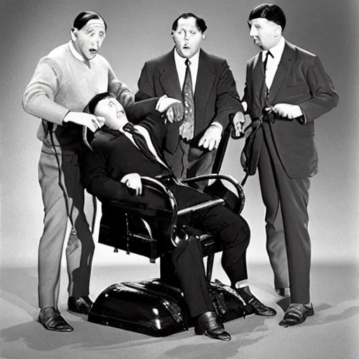 Prompt: the 3 stooges playing with an electric chair