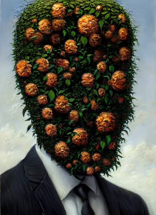 Image similar to an man in a black suit with a head made of flowers and roots, no face, intricate, highly detailed, concept art, hyperrealistic, oil painting by greg staples, 8 k