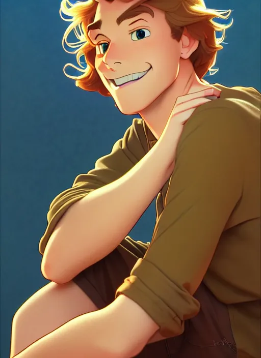 Prompt: young man with medium - length, curly, golden hair, aquamarine eyes, natural lighting, path traced, highly detailed, high quality, cartoon, digital painting, by don bluth and ross tran and studio ghibli and alphonse mucha