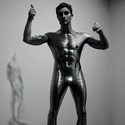 Image similar to “a realistic detailed photo of a guy who is an attractive humanoid who is half robot and half humanoid, who is a male android, British diver Chris Mears, shiny skin, posing like a statue, blank stare, at the museum, on display”