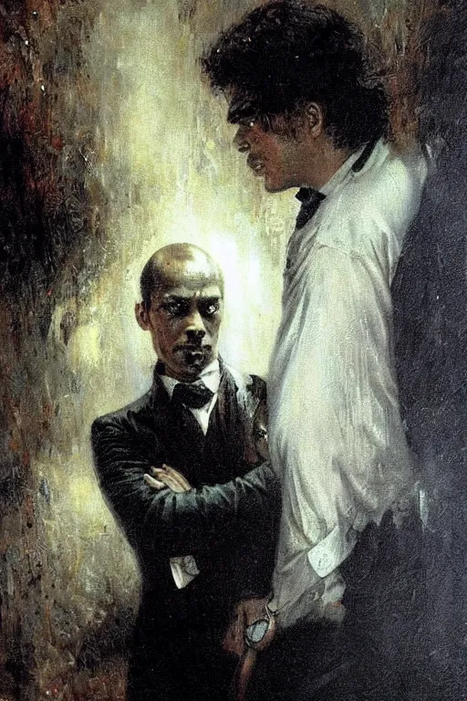 Image similar to portrait of a contract killer, a black man in a pristine white dress shirt. his eyes are collapsing black pits of darkness. horror. art by gaston bussiere.