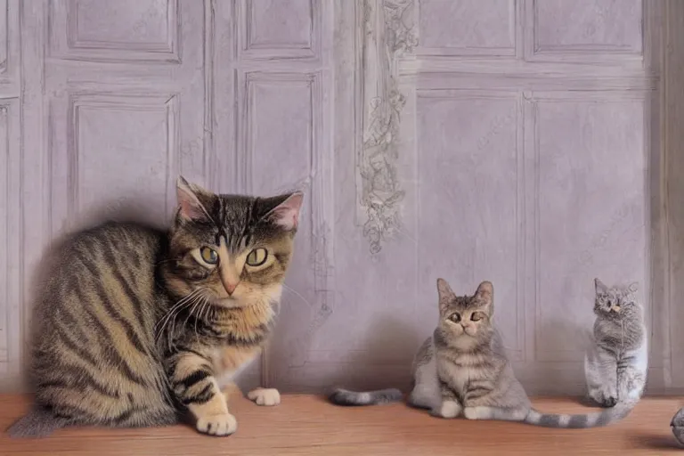 Prompt: a very very very very detailed matte painting of Cute Cat sitting in center of Provence style Room,