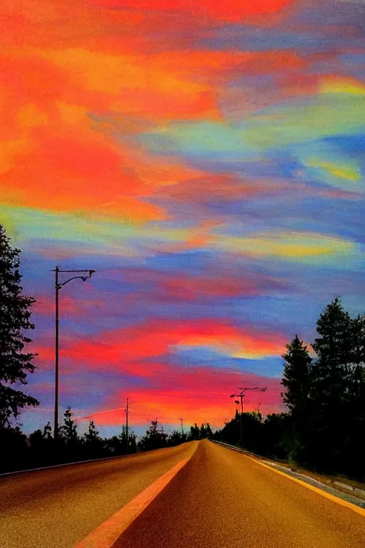 Image similar to colourful sunset at the end of a long highway by zack doehler