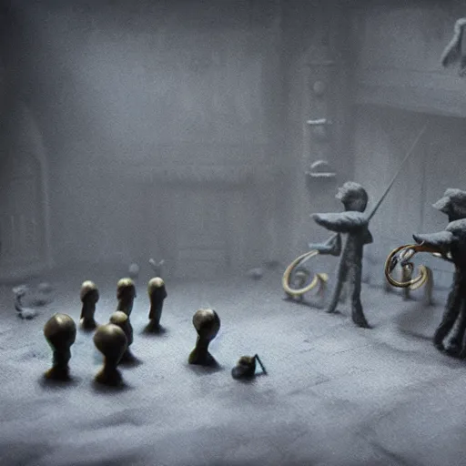 Image similar to the last orchestra, surrealistic detailed claymation art, dark, moody, foggy