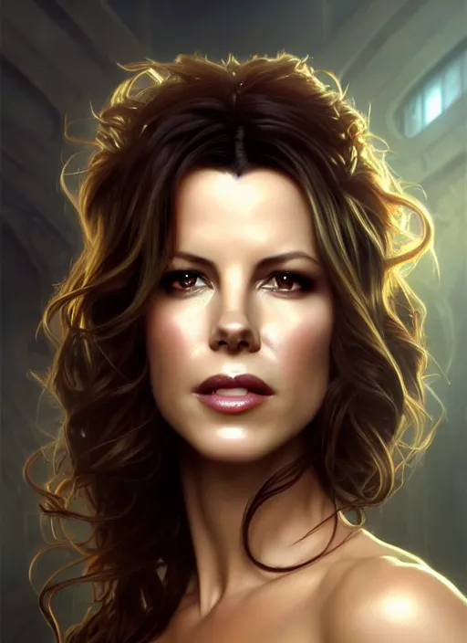 Image similar to portrait of kate beckinsale as a vampire queen, jewelry, greek, ruby, intricate, headshot, highly detailed, digital painting, artstation, concept art, sharp focus, cinematic lighting, illustration, art by artgerm and greg rutkowski, alphonse mucha, cgsociety