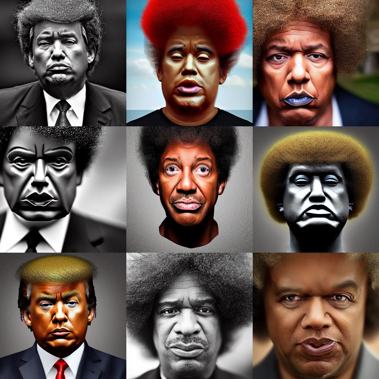 Prompt: face macro shot, afro donald trump, overcast