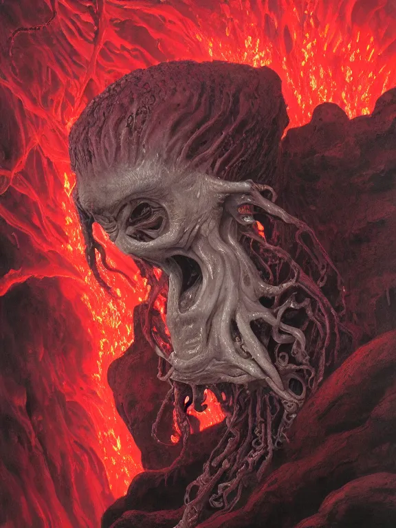 Image similar to wayne barlowe painting of a flying sorrowful looking severed human head with tears running down it's eyes, face that is chalk white in color, with long white tentacles stemming from it's neck, fiery scorching red eyes, background sprawling terrifying hellish cave with lava flowing through it's walls, 4 k