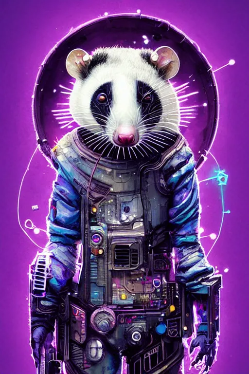 Image similar to a beautiful portrait of a cute cyberpunk opossum by sandra chevrier and greg rutkowski and wlop, purple blue color scheme, high key lighting, volumetric light, digital art, highly detailed, fine detail, intricate, ornate, complex, octane render, unreal engine, photorealistic