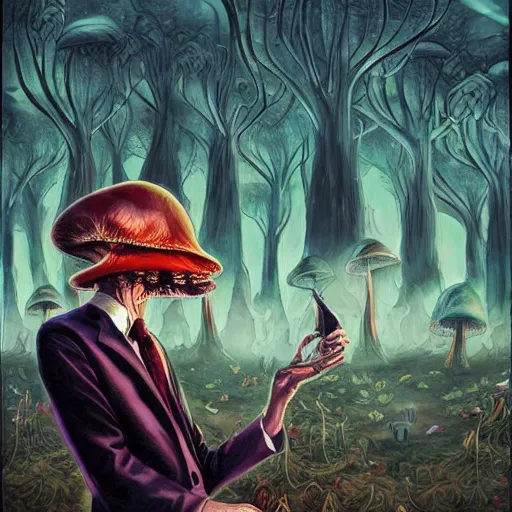 Prompt: a centered chest up portrait of a psychedelic demonic anthropomorphic forest animal in a suit smoking a hand - rolled cigarette smoking heavily, magic mushroom village in background. award winning. superb resolution. in the art style of junji ito and greg rutkowski. detailed mushroom city in background. hyper realistic anime. perfect art. dalle 2