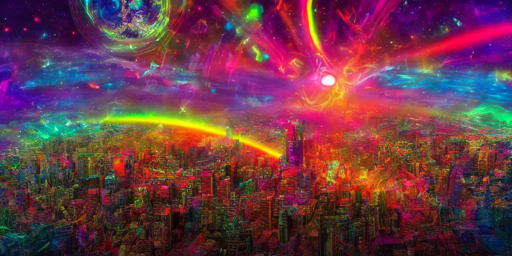 Image similar to proxima b psychedelic alien cityscape, light paint, macro, photorealistic, hyperrealistic, futuristic, in style of Lisa Frank, steampunk, cosmic, translucent, holographic, 32K, deep dream, rainbows, bright colors, high resolution, 4D, megapixel, UHD, HDR