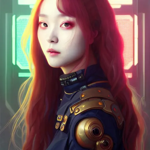 Image similar to portrait painting of cyberpunk chuu from loona as a cheerful smiling mercenary, ultra realistic, concept art, intricate details, eerie, highly detailed, photorealistic, octane render, 8 k, unreal engine. art by artgerm and greg rutkowski and magali villeneuve and alphonse mucha