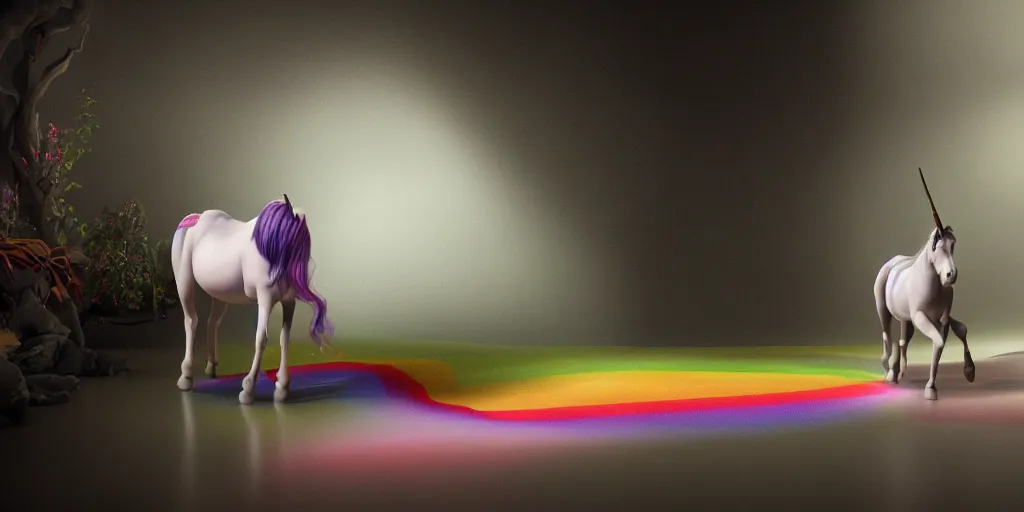 Image similar to a cinematic scene of a unicorn walking on a rainbow, cinematic lighting in the style of caravaggio, octane render, colorful, 8 k,