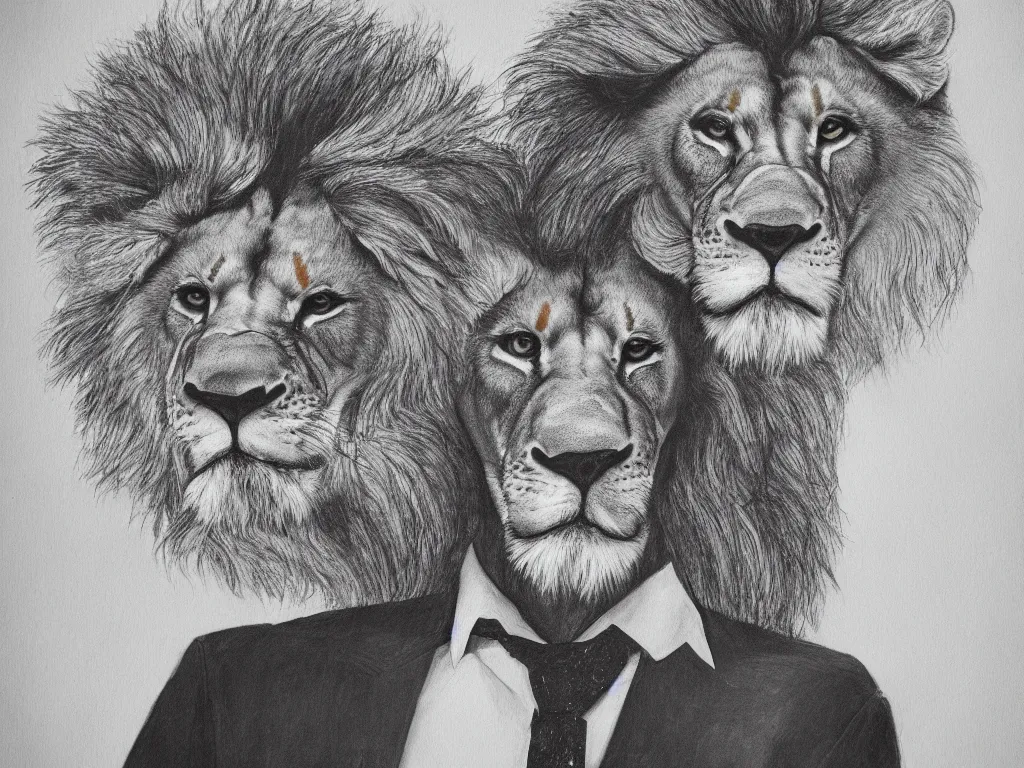 Image similar to an abstract portrait of an antropomorphic lion with a human face wearing a suit, photorealistic