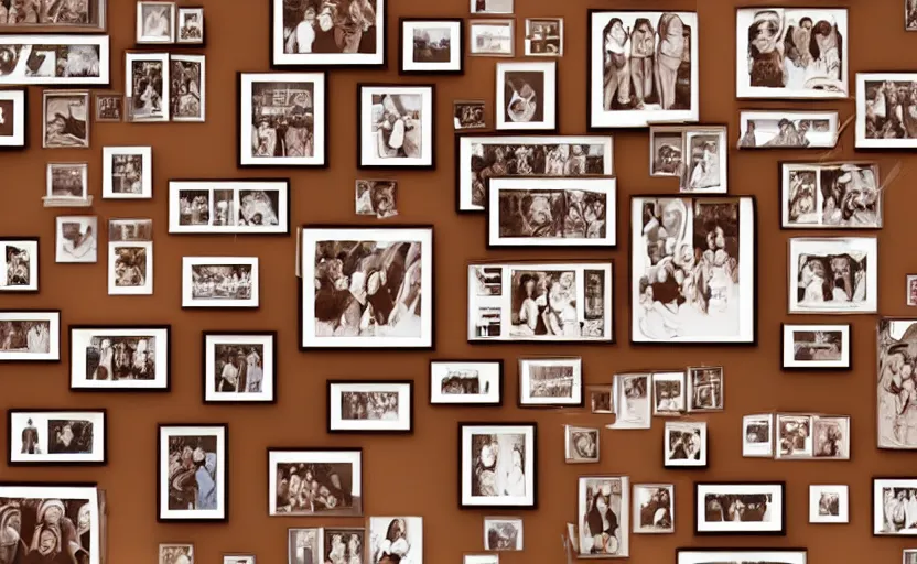 Image similar to story book illustration of a wall with family pictures, brown colors