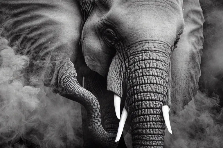 Image similar to ultra realistic photography, picture of ( subject : an elephant blowing smoke ). the scene is set in a gentlemens cigar lounge, a very smokey atmosphere, small thick clouds of cigar smoke, artstation, focus on the elephant, anatomically correct elephant features, extremely detailed and crisply sharp photo, hyperrealistic smoke, figma, sigma, 4 k