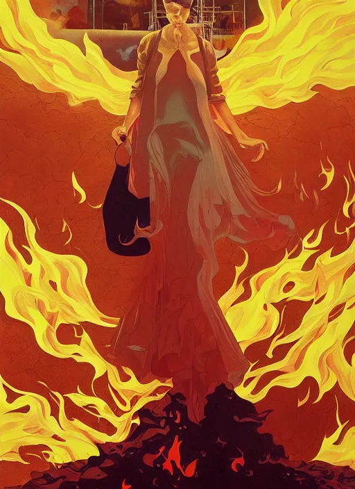 Image similar to poster artwork by Michael Whelan and Tomer Hanuka, Karol Bak of semi truck on side exploding woman walks away from the flames, from scene from Twin Peaks, clean