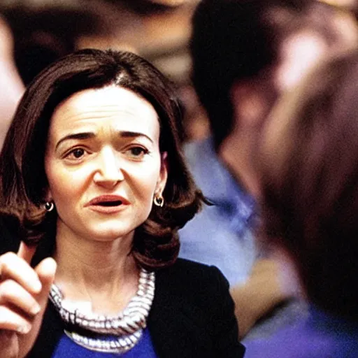 Prompt: Movie still of Sheryl Sandberg at a campaign rally in The Doomsday Machine, directed by Steven Spielberg