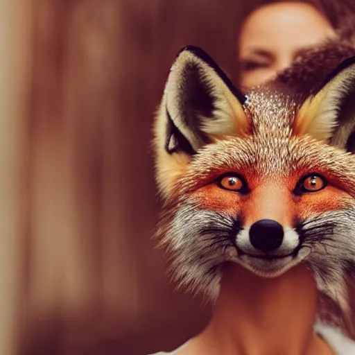 Image similar to woman with fox ears and fox facial features, furry face, close - up, headshot, detailed, symmetric