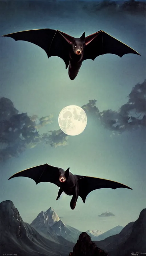 Prompt: hyper realistic white fruit bat, flying against a dark black night sky, mountain in the background, moonlight, denoised, very detailed, painted by, norman rockwell, tom bagshaw