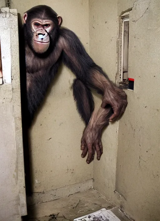 Image similar to scary hybrid human - ape, half human half ape inside fuse box in post communist apartment building