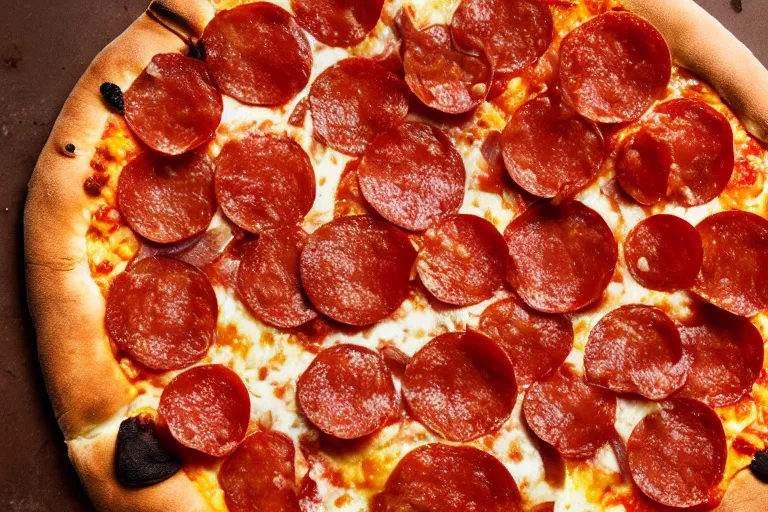 Image similar to a pizza with amongus-shaked pepperoni on top. Food photography, studio photography, highly detailed