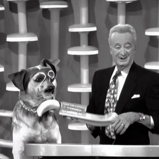 Prompt: bob barker preparing to spay price is right contestant's dog, tv footage, gameshow, 1 9 9 5