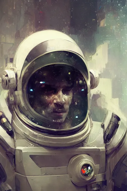 Image similar to portrait of an astronaut wearing a really cool and futuristic space helmet and stylish spacesuit, cyberpunk aesthetic by craig mullins, ruan jia, kentaro miura, greg rutkowski