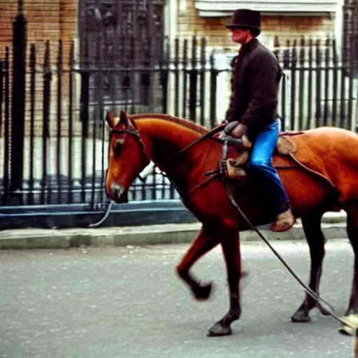 Image similar to clint eastwood riding a horse through london