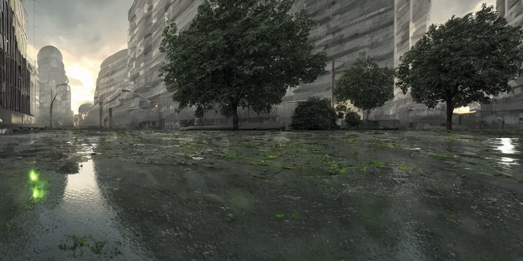 Prompt: soviet brutalims huge green concrete orbs in city view by argerm and eddie mendoza, green glow, puddles of water, sunset, trees, dark, moody, volumetric lighting, dirty