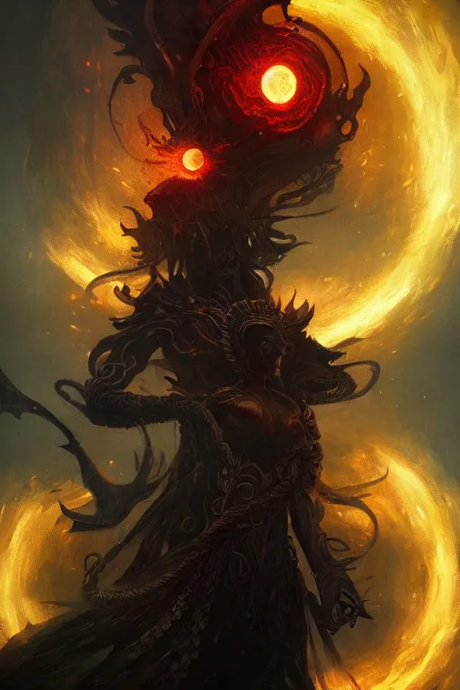 Image similar to Black Orb of Fire, digital art, fantasy, magic, trending on artstation, illustration by Seb McKinnon and Peter Mohrbacher, ultra detailed, atmospheric, powerful presence, bossfight, unsettling