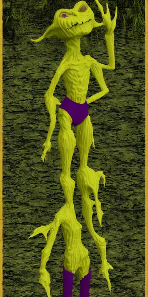 Image similar to malice yellow goblin doll in a lake swamp psx rendered early 90s net art n64 3d 2001