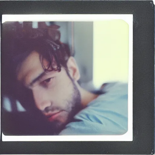 Image similar to soft polaroid photo of man that just woke up and lying in his bed, cinestill 800t