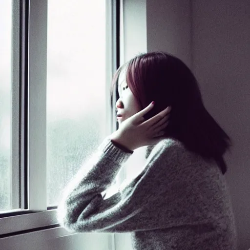 Image similar to a woman sitting on a window sill looking out the window, hands holding her face, grey sweater, a stock photo by chen jiru, tumblr, aestheticism, movie still, pretty, pixiv