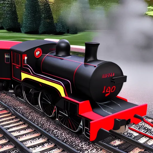 Image similar to photo realistic black and red thomas the train going fast