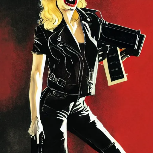 Prompt: Rafael Albuquerque art, Norman Rockwell, pretty female Margot Robbie, vampire, sharp teeth, evil smile, leather jacket, jeans, long blonde hair, full body, holding HK pistol in hand, hands with five fingers, realistic hands