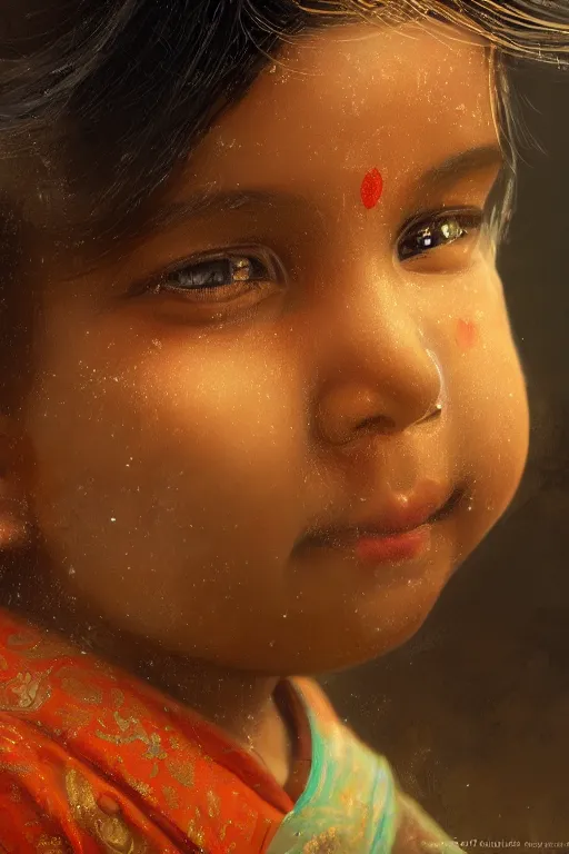 Image similar to hindu little girl, joyful, close - up portrait, intricate, elegant, volumetric lighting, scenery, digital painting, highly detailed, artstation, sharp focus, illustration, concept art, ruan jia, steve mccurry