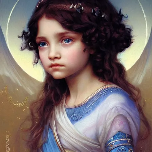 Image similar to a little girl with short wavy curly light brown hair and blue eyes, a space empress in byzantine style. beautiful highly detailed face, painting by artgerm and greg rutkowski and bouguereau.