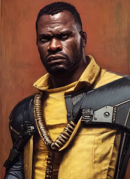 Prompt: Chidi Igwe. Buff Cyberpunk policeman with robotic legs. (Cyberpunk 2077, bladerunner 2049). handsome face. Iranian orientalist portrait by john william waterhouse and Edwin Longsden Long and Theodore Ralli and Nasreddine Dinet, oil on canvas. Cinematic, vivid colors, hyper realism, realistic proportions, dramatic lighting, high detail 4k