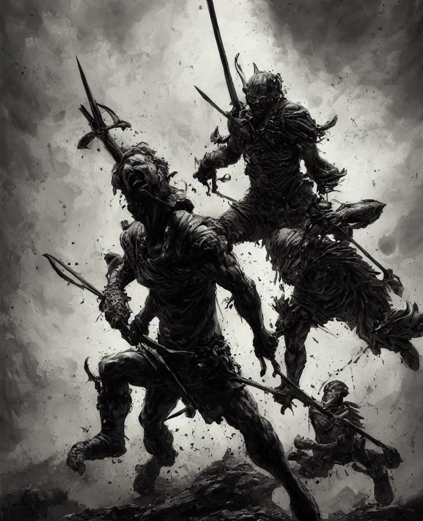 Image similar to David slaying Goliath painting, dark colors, sinister atmosphere, dramatic lighting, cinematic, establishing shot, extremely high detail, photo realistic, cinematic lighting, pen and ink, intricate line drawings, by Yoshitaka Amano, Ruan Jia, Kentaro Miura, Artgerm, post processed, concept art, artstation, matte painting, style by eddie mendoza, raphael lacoste, alex ross,