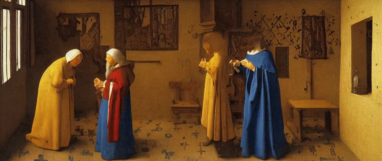 Image similar to A medieval old woman healer treats a boy with herbs, medieval painting by Jan van Eyck, Johannes Vermeer, H 700